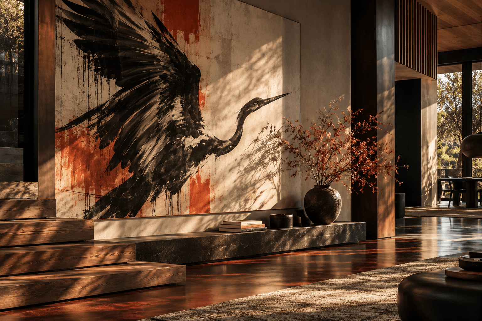 Large abstract black and rust mural in a light-filled gallery