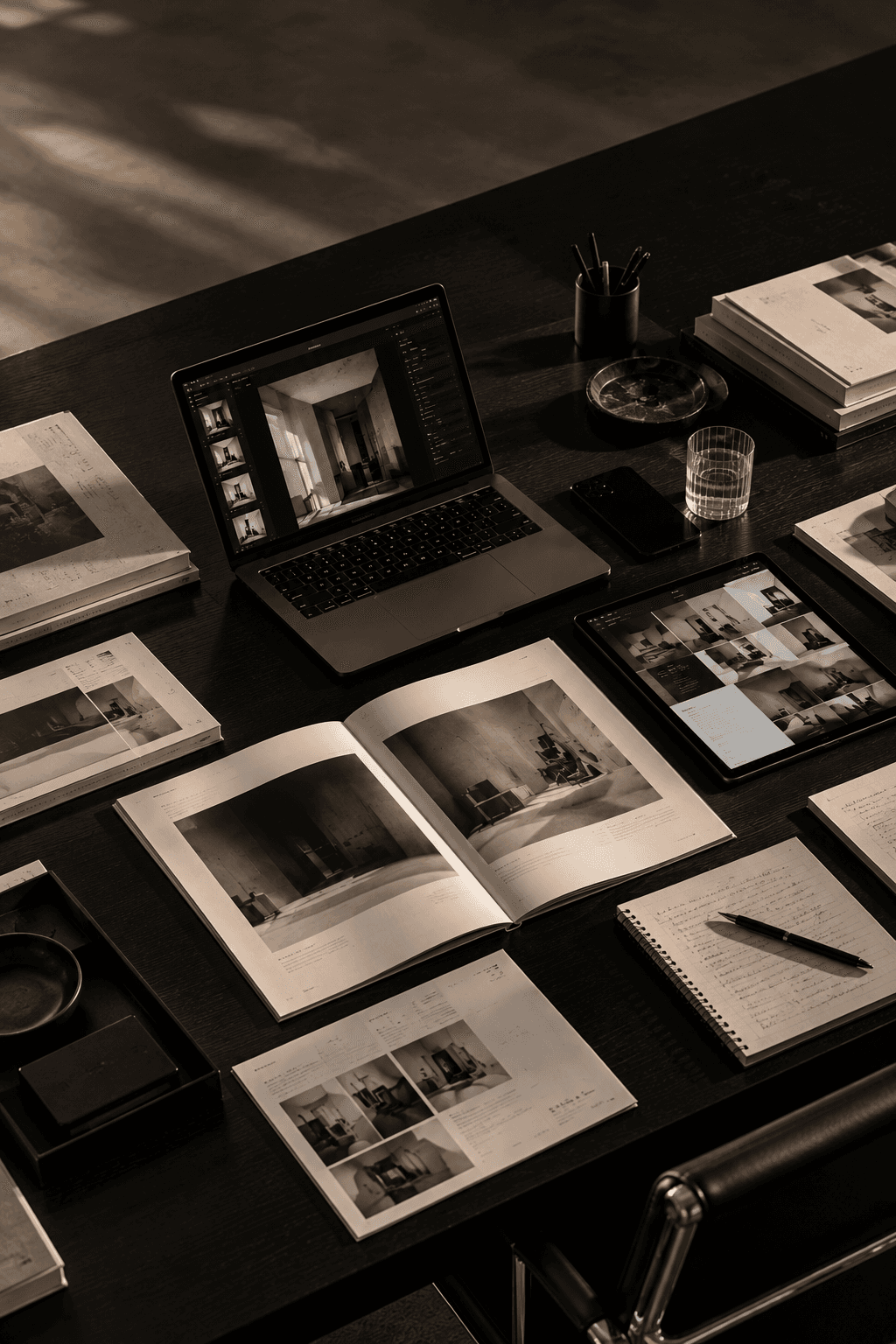 A laptop and printed visual studies arranged across a dark worktable.