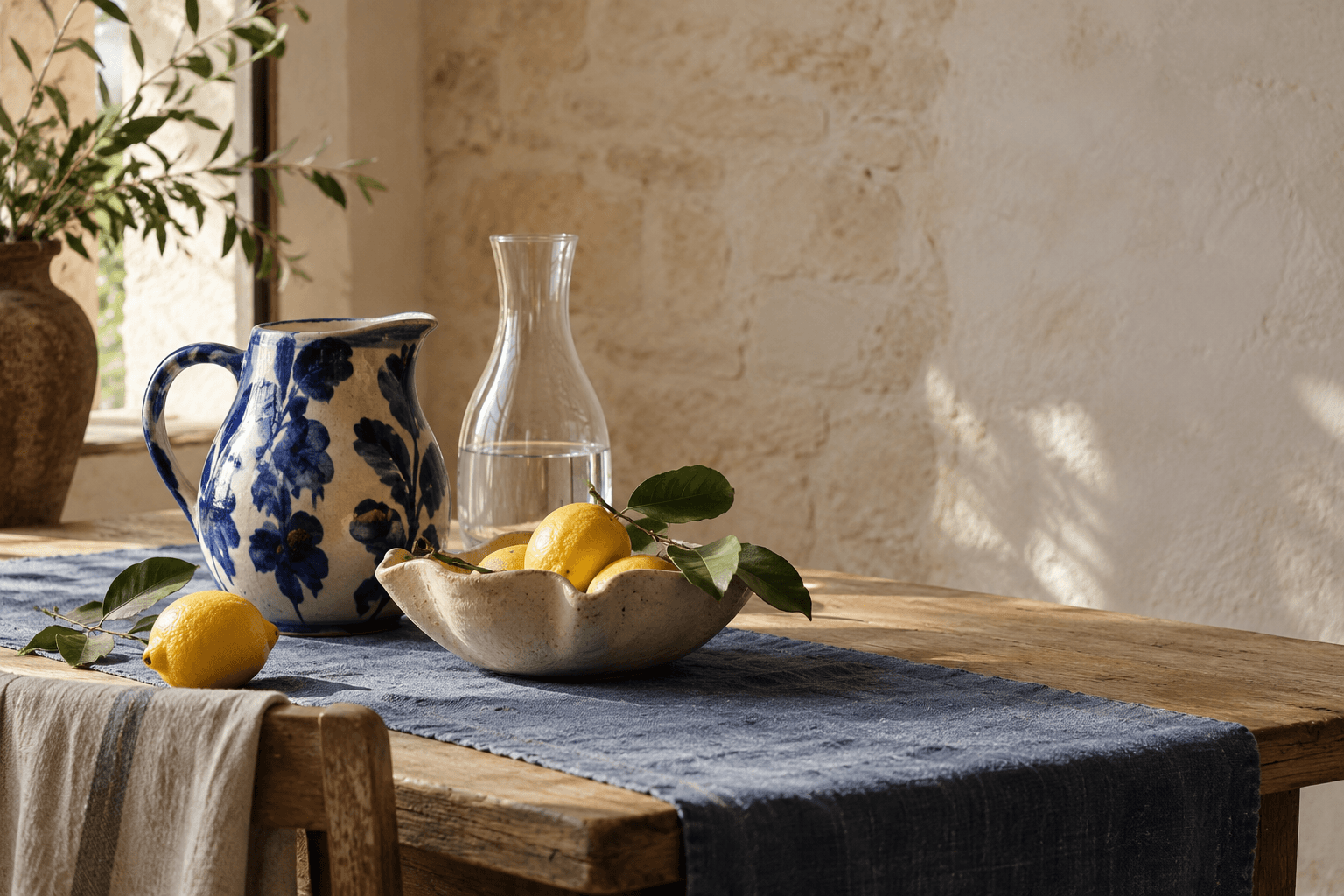 Blue-and-cream ceramic pitcher, glass carafe and bowl of lemons on linen in warm window light