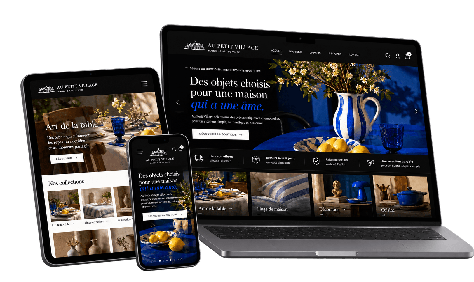 Au Petit Village website displayed on a laptop, tablet and iPhone
