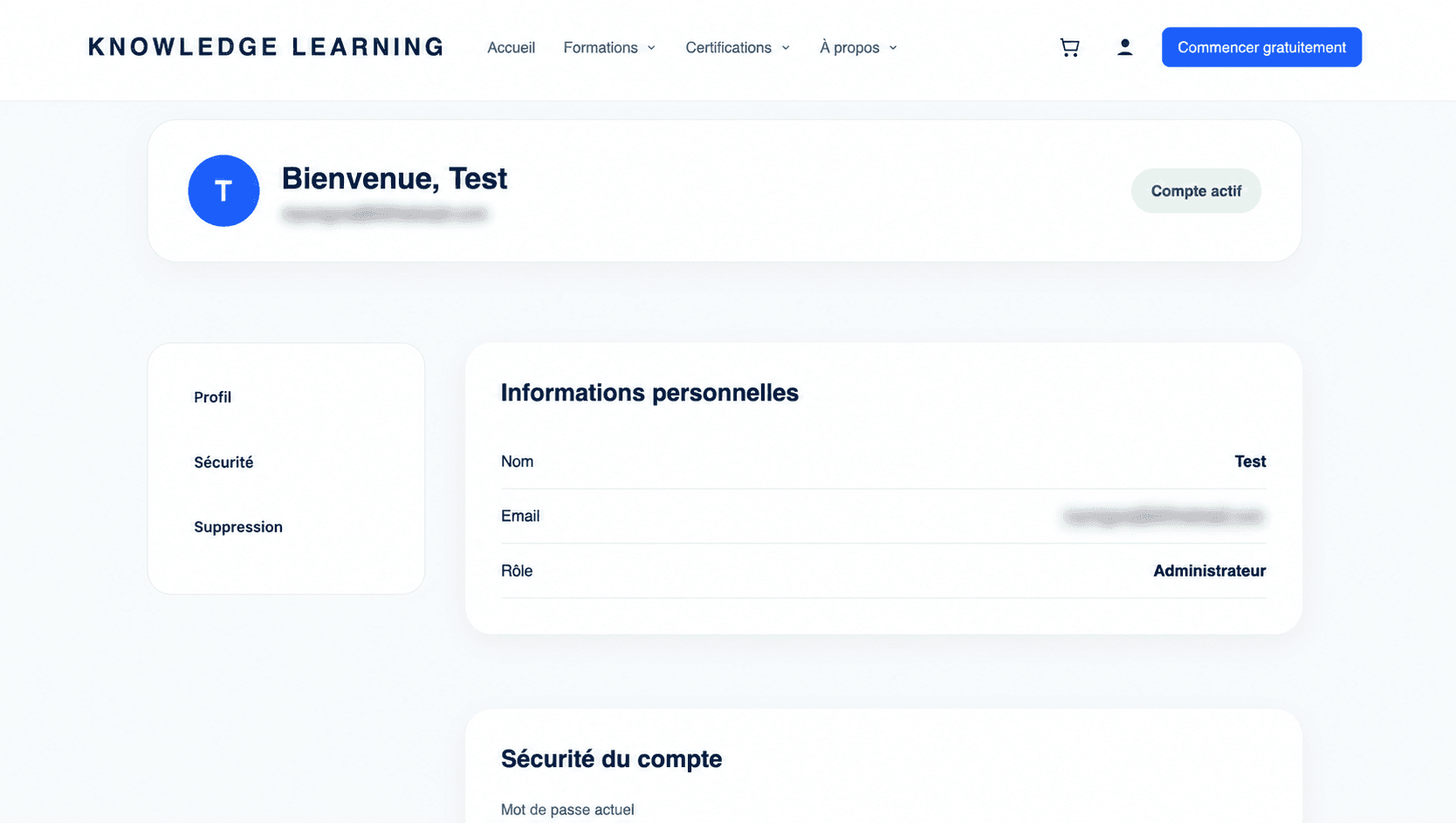 Knowledge Learning learner account profile and security settings