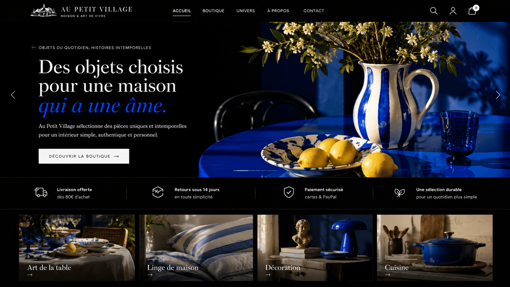 Au Petit Village homepage with a blue table setting, ceramics and homewares