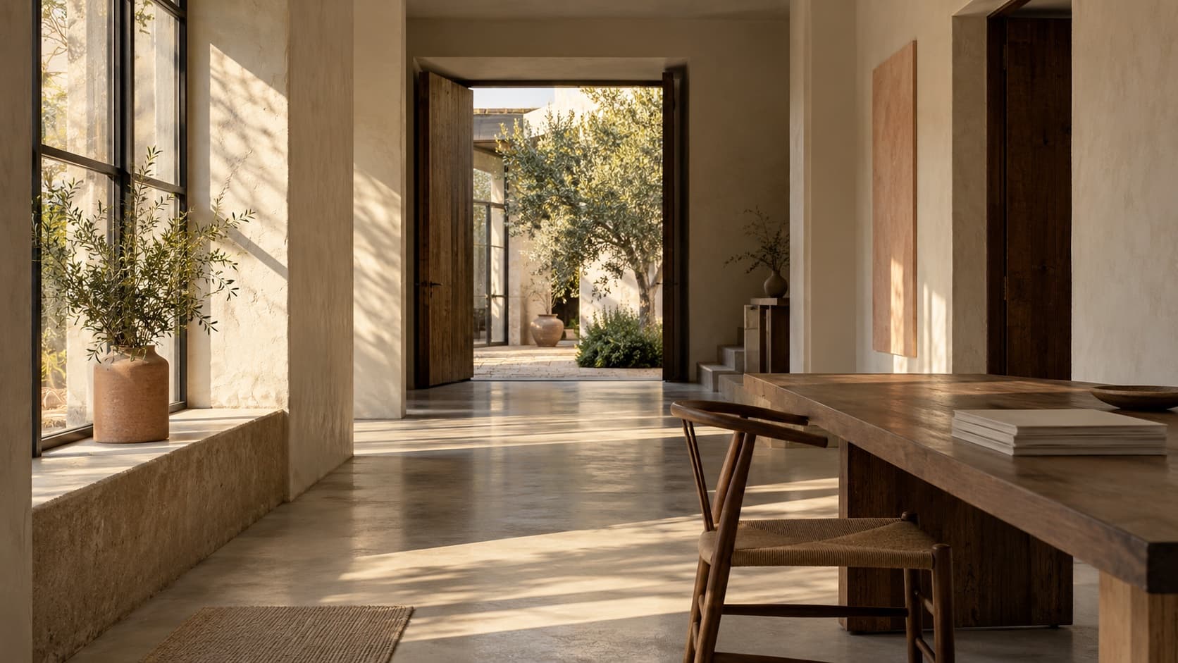 A quiet, sunlit studio opening onto a courtyard